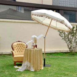 LAGarden Jazz Age Fringe Umbrella Tilt Market Umbrella - Beige+Gold Sequin - Decorative Theme Umbrella