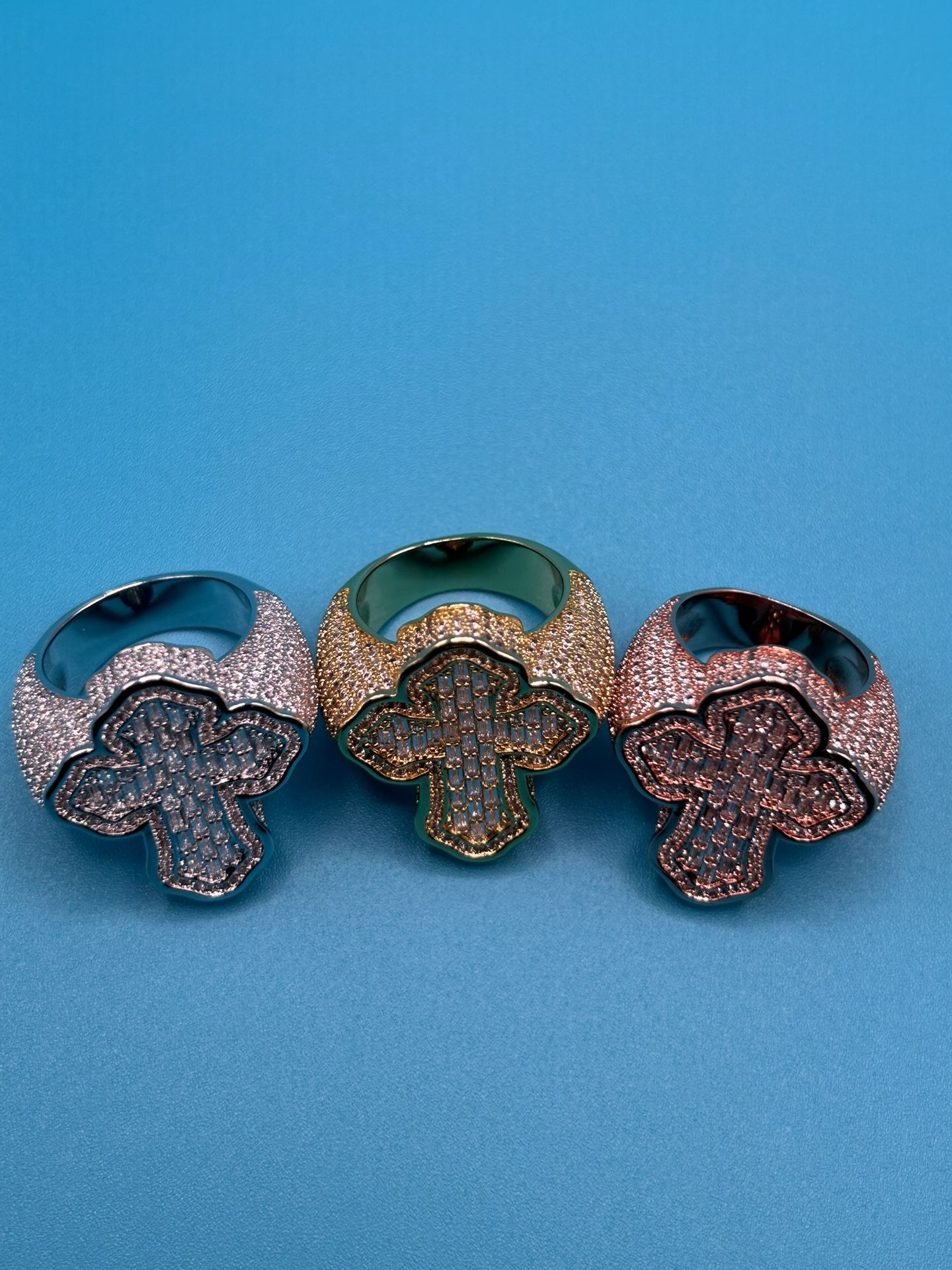 Iced Out Baugette Jesus Cross Rings Set For Chains & Bracelet | Rose Gold , Silver, Gold 