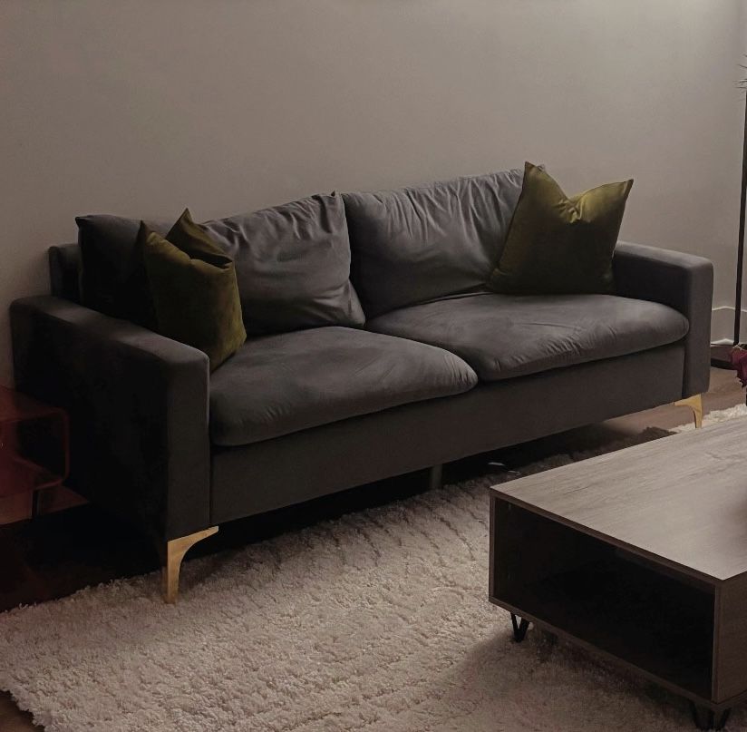 Modern Grey Velvet Sofa – Must Go by Next Friday! $375 OBO