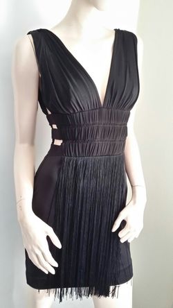 New! Bebe Black Fringes Fringe V Neck Dress XS