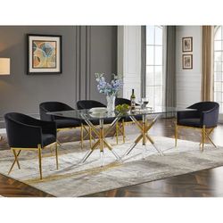 GLAM 7 PIECE ART DECO INSPO DINING TABLE SET BLACK VELVET CHAIRS GOLD ACCENTS - COMEDOR SILLAS