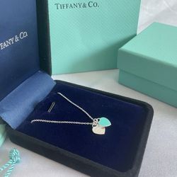 TIFFANY & CO Mini Double Blue Heart Enamel Pendant Necklace Return to Silver 925