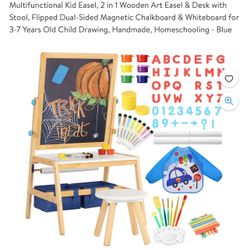 Multifunctional Kid Easel, 2 in 1 Wooden Art Easel & Desk with Stool, Flipped Dual-Sided Magnetic Chalkboard & Whiteboard