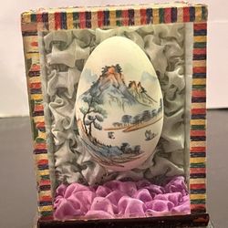 Vintage Japanese Hand Painted Egg in wood and glass box