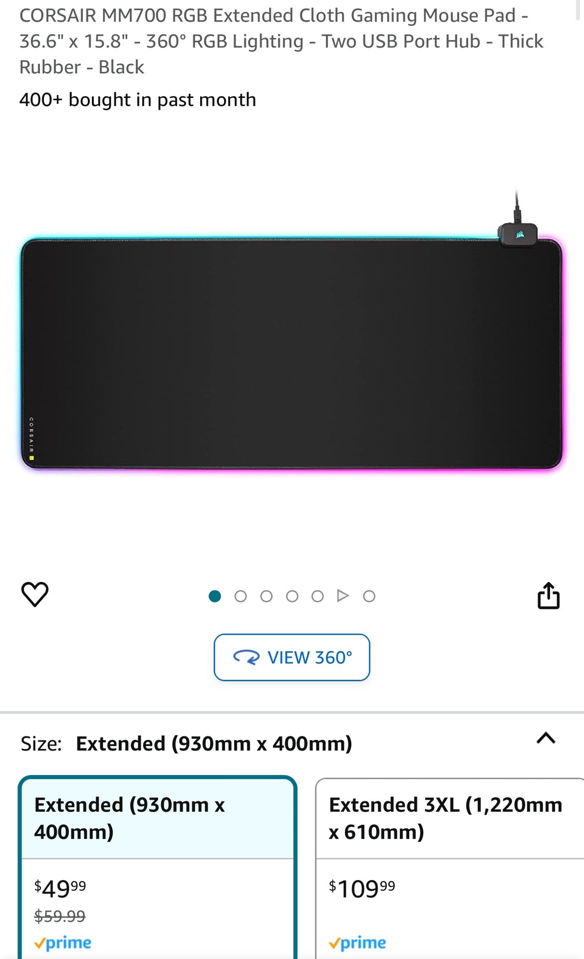 CORSAIR MM700 RGB Extended Cloth Gaming Mouse Pad - 36.6" x 15.8" - 360° RGB Lighting - Two USB Port Hub - Thick Rubber - Black