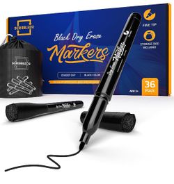 36 Black Dry Erase Markers Fine Tip With Eraser Cap By Scribbledo !New!