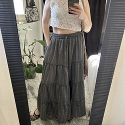 Lakhays Gray Tiered A-Line Maxi Skirt Women Drawstring Elastic Waist Pockets M/L
