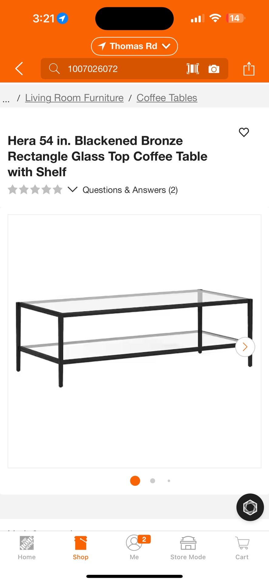 Hera 54 in. Blackened Bronze Rectangle Glass Top Coffee Table with Shelf