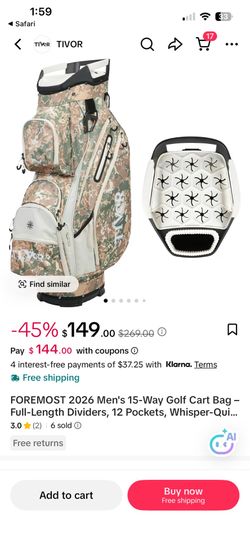 FOREMOST 2026 Men's 15-Way Golf Cart Bag – Full-Length Dividers, 12 Pockets, Whisper-Quiet Design, Padded Straps & Rain Hood, Compatible with Jumbo Gr