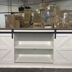 Brand New 🔥 Special offer🔥 58” White TV Stand with Sliding Barn Doors –💰$150💰 Perfect for TVs up to 65” – Stylish & Functional Living Room Hub!  F