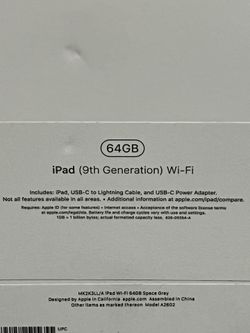 Apple iPad 9th Gen 10.2" A2602 MK2K3LL/A 64GB GPS Space Gray New