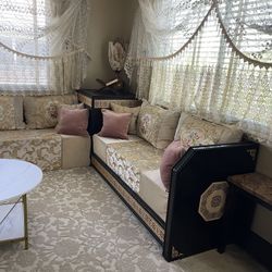 Handmade Moroccan Golden Colour Sofa Set With Expandable Curtain 