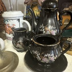 vintage Japanese black ceramic tea or coffee set
