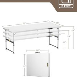 6ft Portable Folding Table, 3 Heights, One-Handed Height Adjustment, Gravity Lock, Carry Handle, Indoor Outdoor Heavy Duty Fold-in-Half Utility Table,