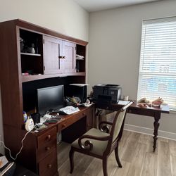 Ethan Allen Desk With Overhead Cabinets And Table And Chair