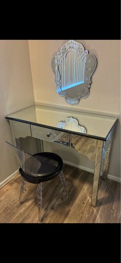 Vintage Mirrored Vanity Table with Venetian Wall Mirror & Chair