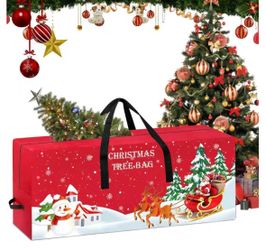 Christmas Tree Storage Bag with Santa in a sleigh pulled by reindeer, snowman, and snow-covered houses graphic #christmas #holiday