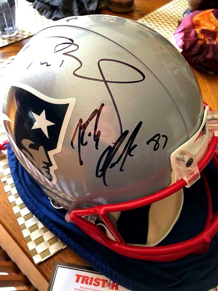 Authentic Tom Brady and Rob Gronkowski signed speed Rep Patriots helmet. Tri-star and Fanatics certified.
