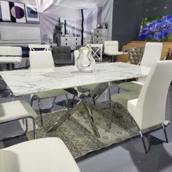 5 PIECE Rectangular Dining Table SET Chrome legsWhite marbleized finish 79''W x 39''D x 30''H
