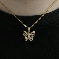 Gold Chain Necklace + Iced Butterfly Pendant 