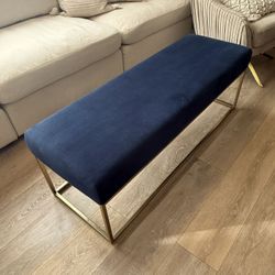 West Elm Box Frame Navy Blue Velvet Bench With Brass/ Gold Base