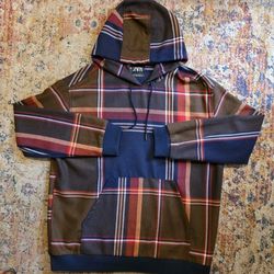 Zara Men's Pullover Hoodie Size L Blue Brown Plaid Relaxed Fit Heavy Thick EUC