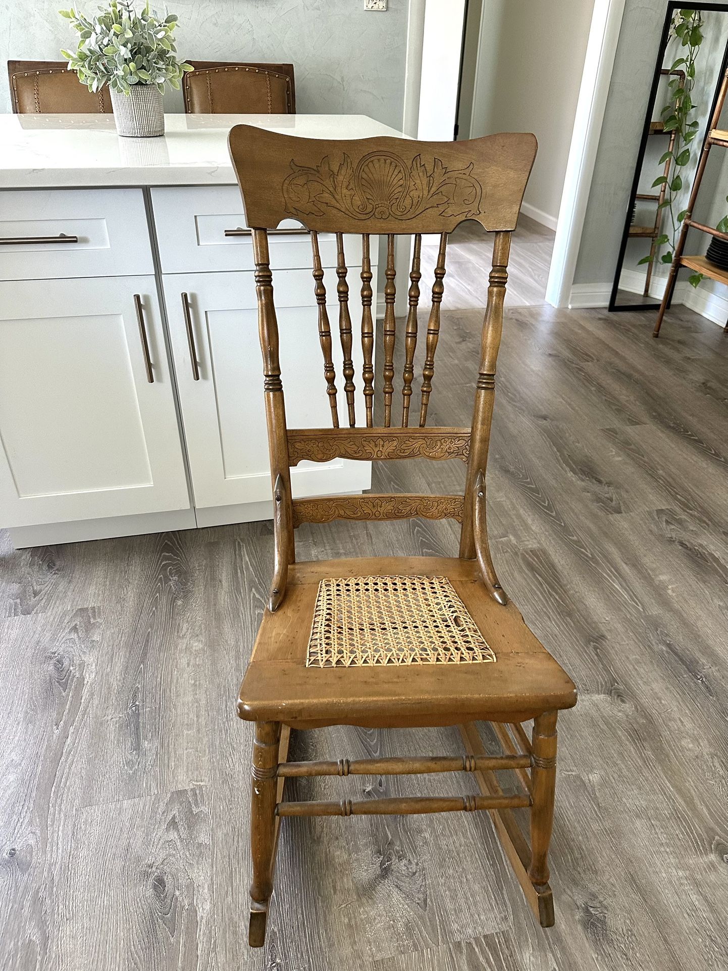 Rocking Chair with Cane seat ( Carved wood) H40/ Seat H16/D16 D with legs 28 $25
