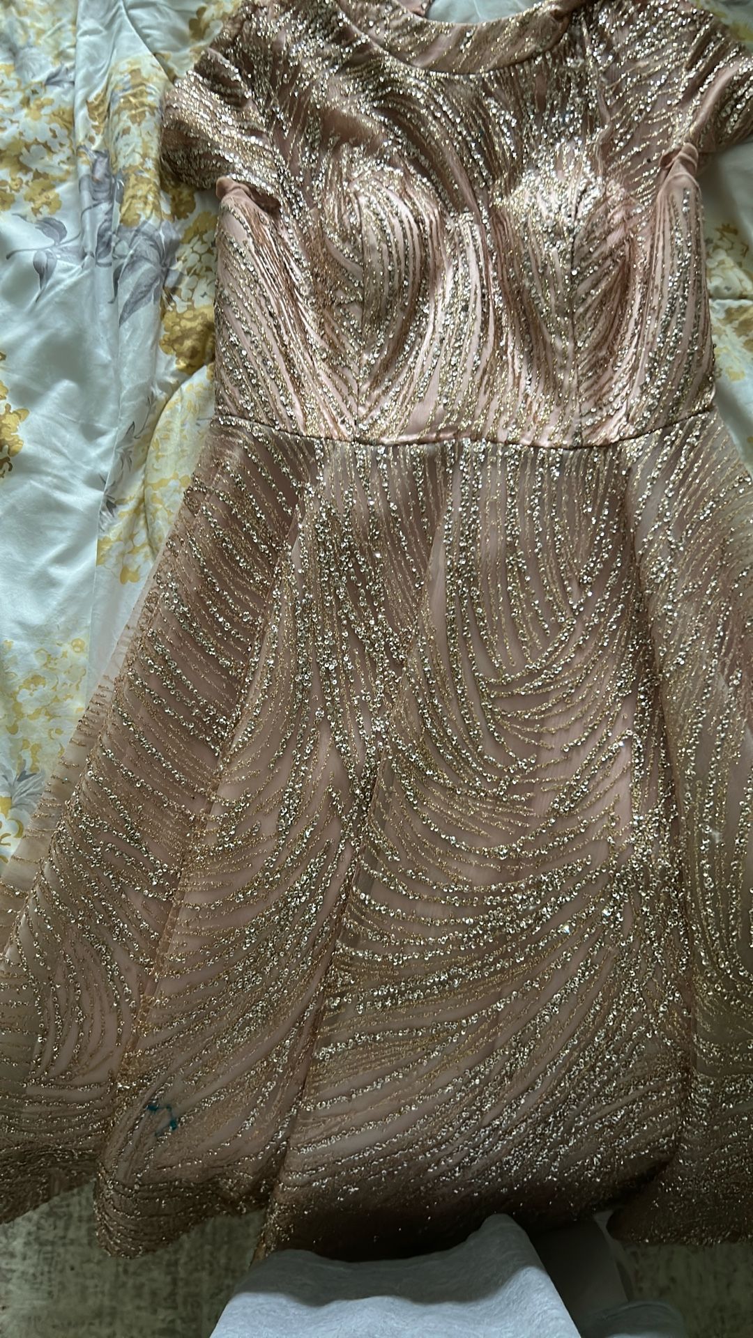 Glittery High Low Short Sleeve Ball Gown Dress