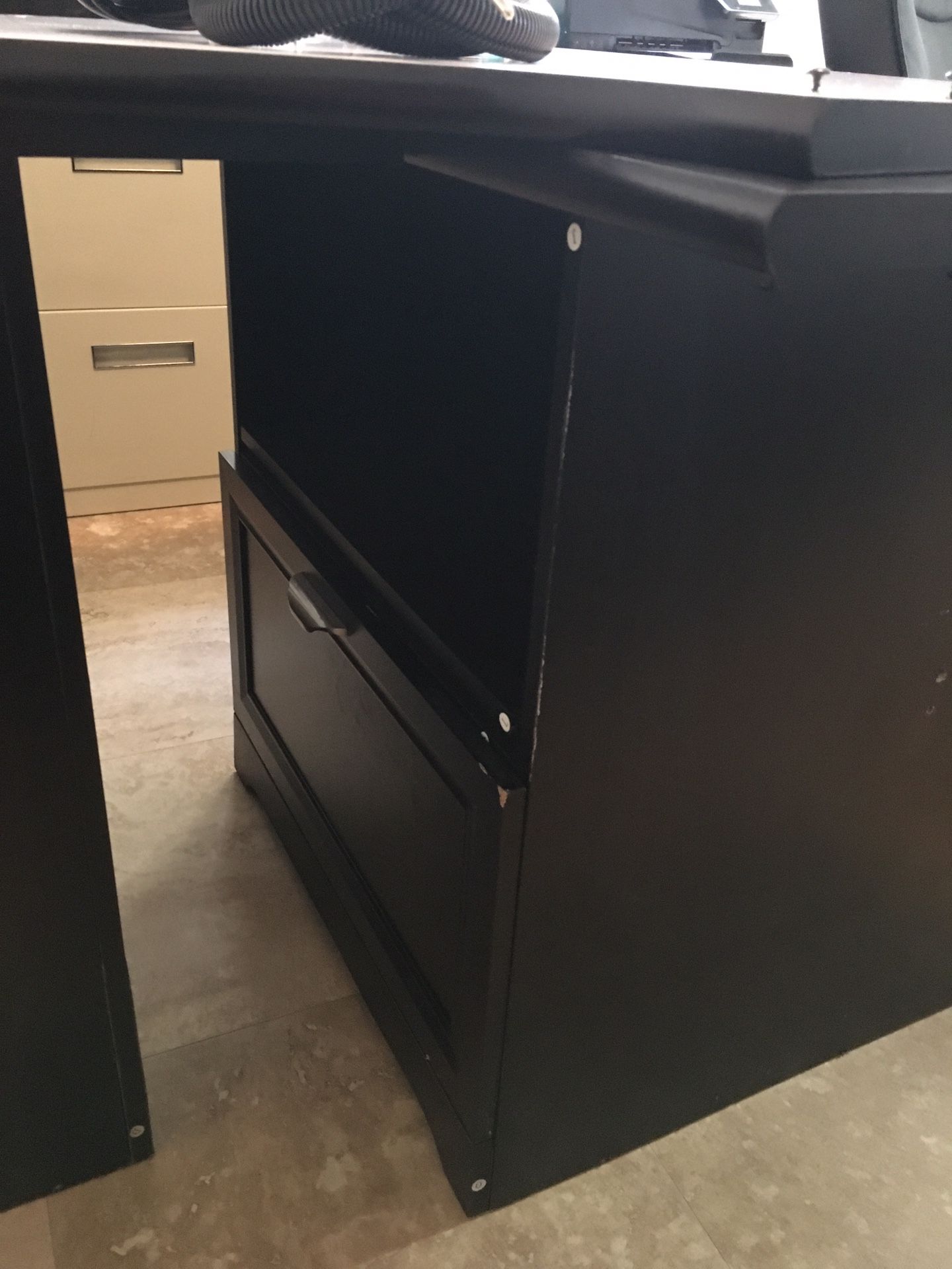 Black L shaped desk built in file cabinets office computer
