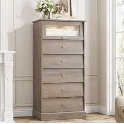 6 Drawer Dresser, 48.7'' Tall Dresser Chest of Drawers with Glass Drawer, 6 Drawer Chest , Ash Grey
