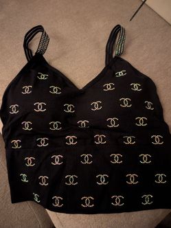 Black Crop Top with CC Rhinestone Pattern