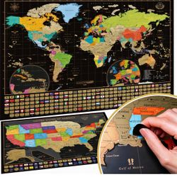 Scratch Off World Map Poster And Deluxe United States Map – Includes Complete Accessories Set & All Country Flags – Premium Wall Art for Travelers, Ma
