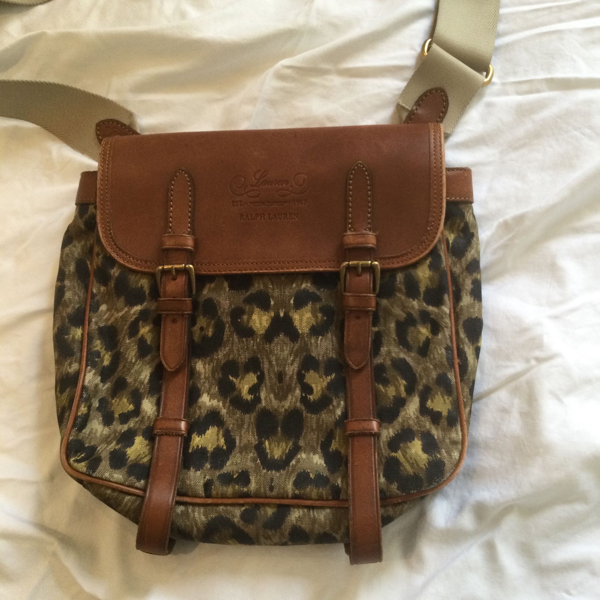 Ralph Lauren Saddle Leather And Leopard Print Heavy Fabric Cross Body Bag 