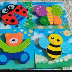 Wooden Animal Puzzles for Toddlers 1 2 3 4 Year Old Girls & Boys, Sensory Toys, Bright Vibrant Colors Toys, 4 Puzzles + Bag + Matching Coloring Book