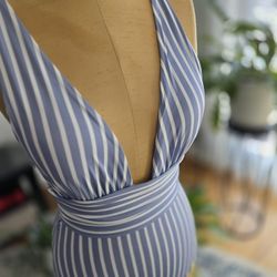 H&M Blue & White Striped One-Piece Swimsuit (#0109) Deep V | Size S | New