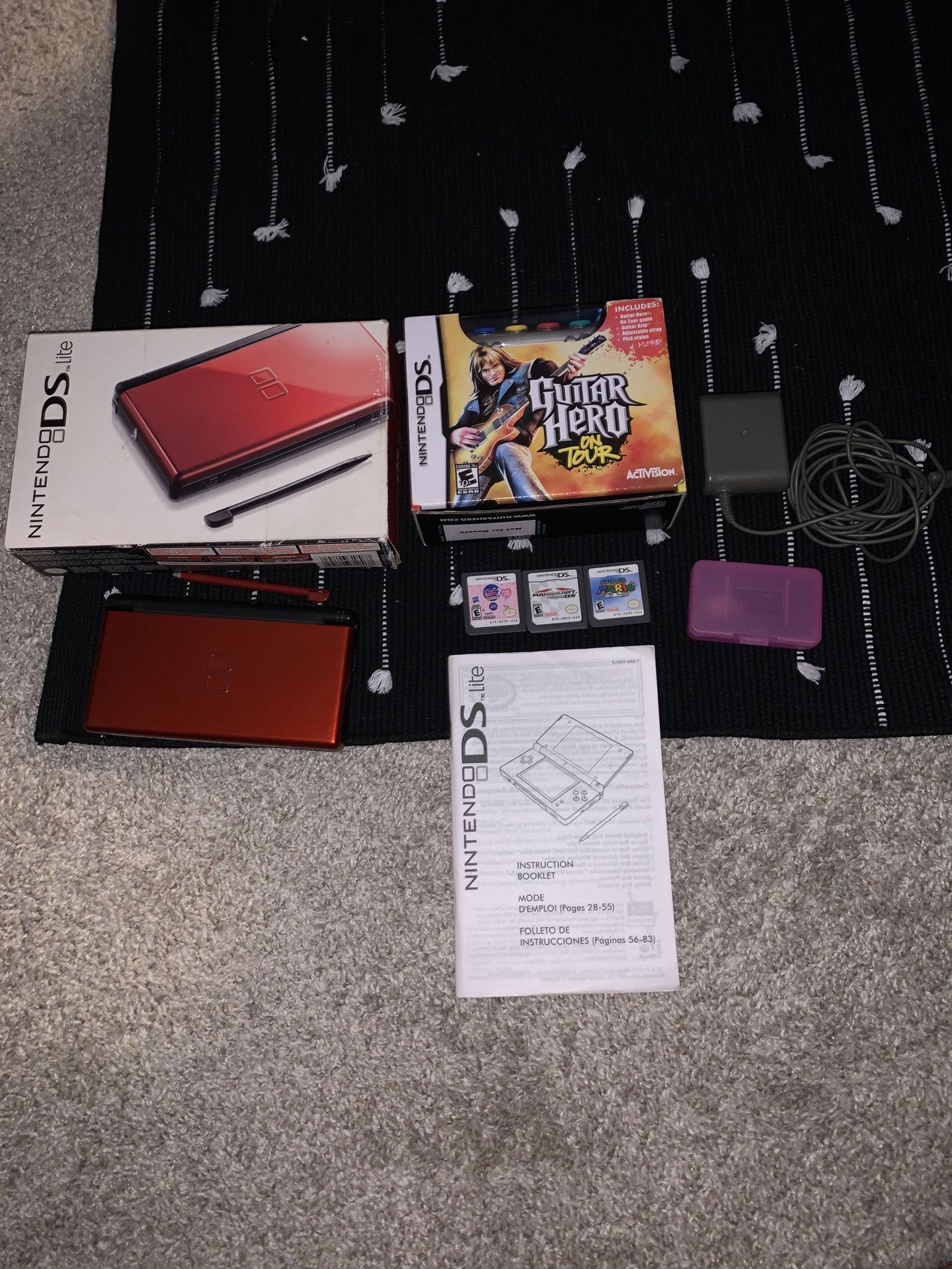 Nintendo DS Lite Crimson Red Black Handheld System Box, Manual, & 4 Games Tested