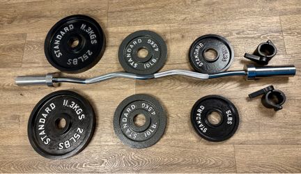Olympic  Curl Bard & Brand NEW  Cast Iron Weight Plates 25s, 10s and 5s . Total: 97 lbs