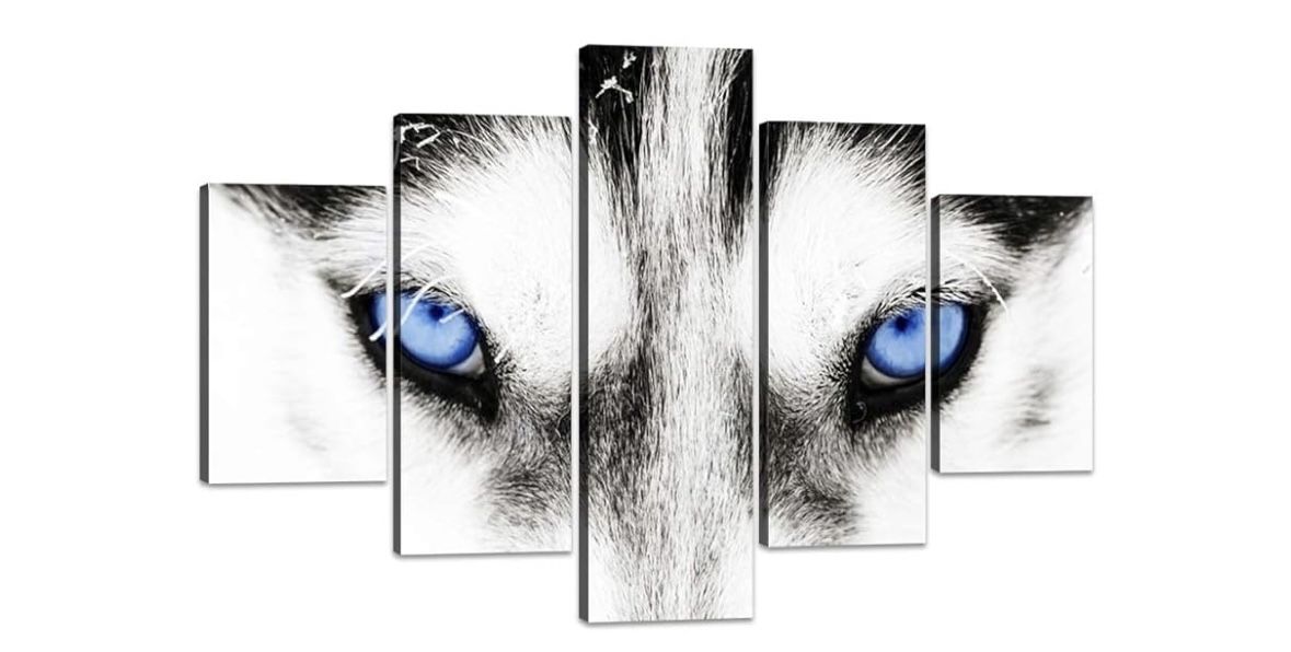 YOUHONG 5 Panels Dog Canvas Wall Art with Wooden Frame - 60''W x 32''H Husky Decor with Blue Eyes, Animals Canvas, Dog Painting Poster, Animal Art Wal