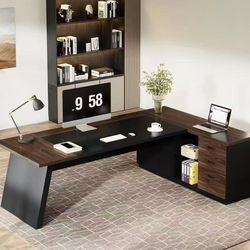 HL0204AB 78" L-Shaped Executive Desk, Large Office Desk with Drawers and Lateral File Cabinet, Business Furniture with Storage Shelves, Modern Compute