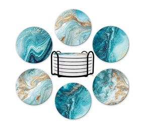 Ceramic Coasters (6) with Holder - Marbled Ocean Theme