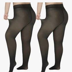 Delcast Plus Size Fleece Lined Tights Women - Fake Translucent Sheer Warm Thermal Pantyhose Leggings for Winter