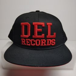 Del Records Men's Retro Trucker Hat Black Red with Front Logo - One Size