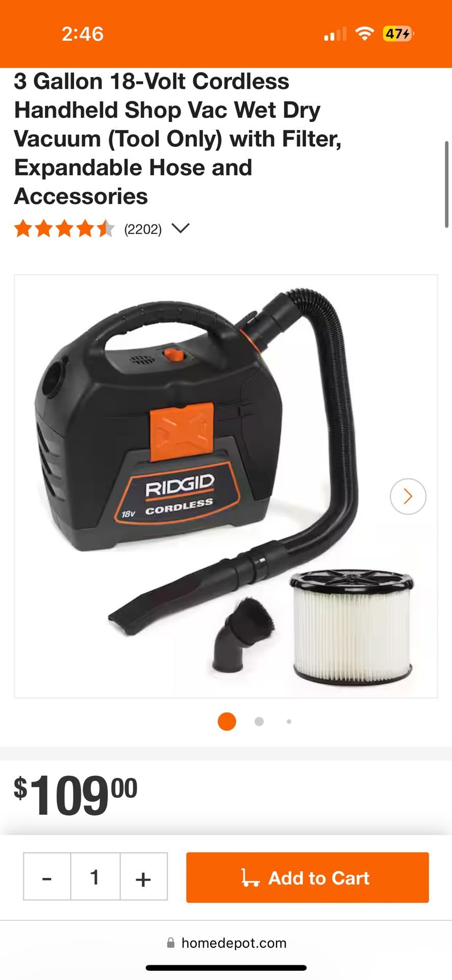 3 Gallon 18-Volt Cordless Handheld Shop Vac Wet Dry Vacuum (Tool Only) with Filter, Expandable Hose and Accessories