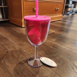 New Lolita brand double-wall insulated acrylic wine tumbler with a lid and straw, designed to prevent spills and keep drinks cool. 
Made of BPA-free, 