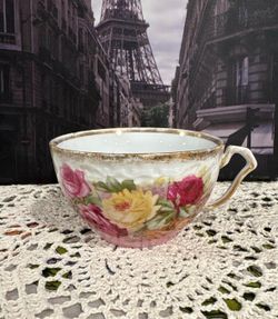 Antique German Porcelain Teacup - Pink and Yellow Rose Pattern - Marked Germany 26 - Victorian Floral Replacement Cup