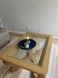 Large Traditional Carved Wood Coffee Table with Beveled Glass Top