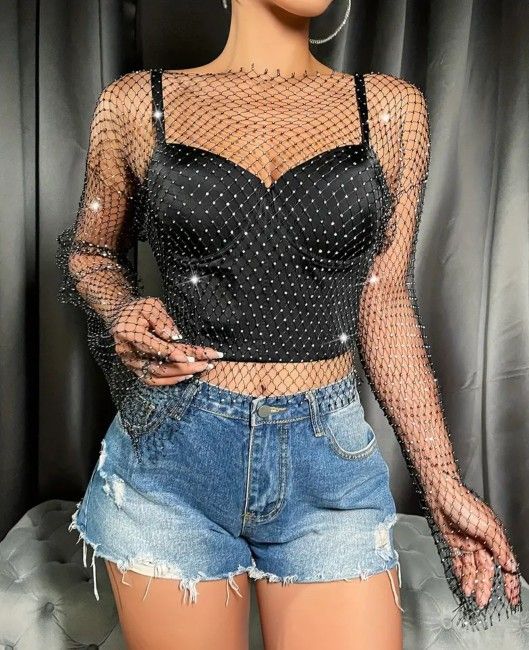 FISHNET WITH RHINESTONE WHITE TOPS