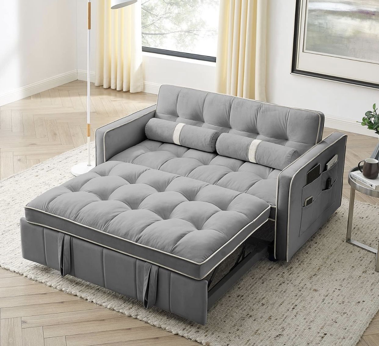 3 in 1 Sleeper Sofa Couch Bed, Small Tufted Velvet Convertible Loveseat Futon Sofa w/Pullout Bed