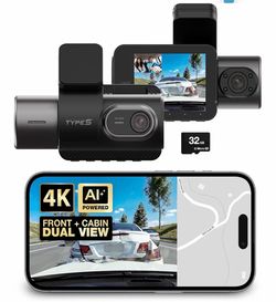 Brand new in the box- Type S T402E Dual View 4K Dash Cam with AI-Triggered Smart Incident Recordingand 1080p Interior Surveillance Cam