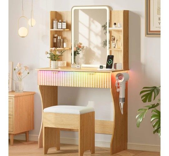 Vanity Table Set with Lighted Mirror & Cushioned Stool